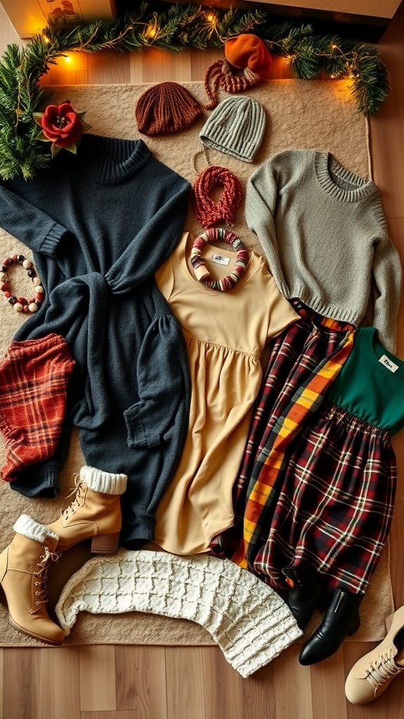 A collection of indie Christmas outfits including sweaters, dresses, and accessories on a cozy rug with fairy lights.
